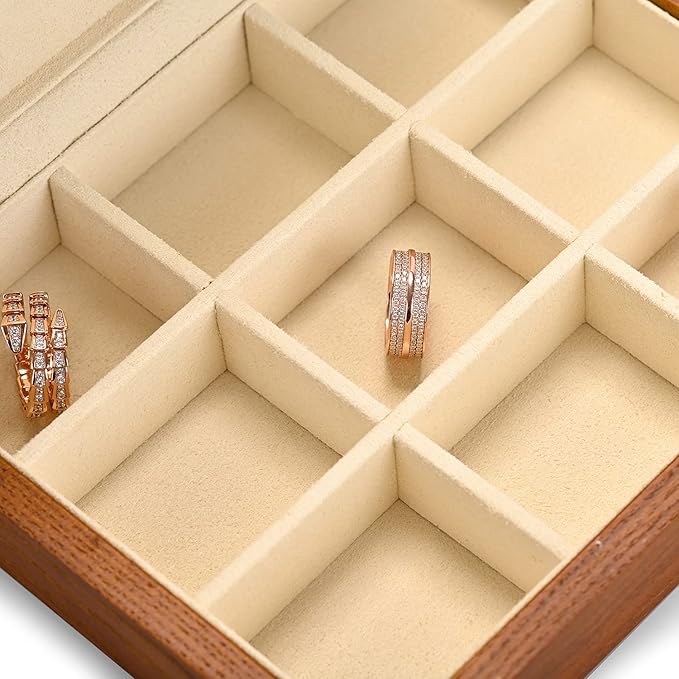 Oirlv Solid Wood Ring Jewelry Box Organizer Earrings Jewelry Drawer Organizer Tray with Lid (Creamy-white 9 Grid Box)