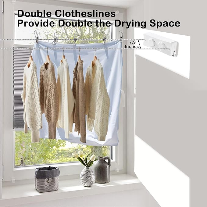 Retractable Clothesline - Heavy Duty 44lb Dual 304 Stainless Lines,16.7ft Anti-Sag Design,Install for Indoor/Outdoor Use (White, Dual Lines)