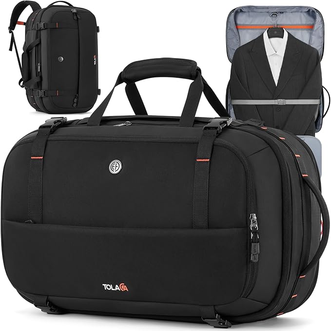 Tolaccea Large Convertible Garment Duffel Bag, Suit Carry On Backpack, TSA Flight Approved for Wrinkle-Free Travel with Dual Laptop Storage for 17.3" and 12.9" & Extra Toiletry Bag, 45-55L Expandable