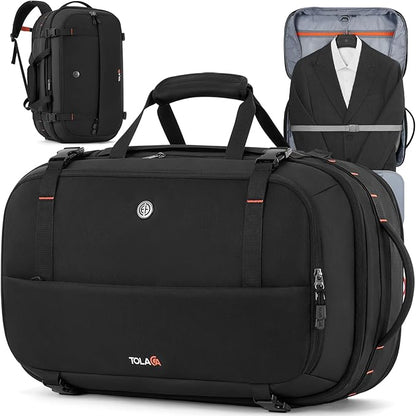 Tolaccea Large Convertible Garment Duffel Bag, Suit Carry On Backpack, TSA Flight Approved for Wrinkle-Free Travel with Dual Laptop Storage for 17.3" and 12.9" & Extra Toiletry Bag, 45-55L Expandable