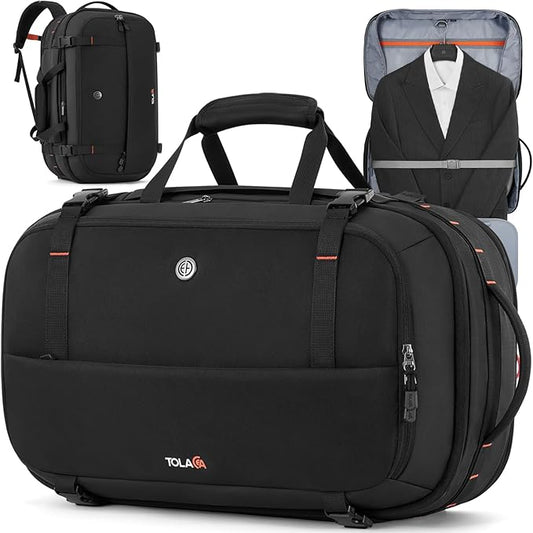 Tolaccea Large Convertible Garment Duffel Bag, Suit Carry On Backpack, TSA Flight Approved for Wrinkle-Free Travel with Dual Laptop Storage for 17.3" and 12.9" & Extra Toiletry Bag, 45-55L Expandable