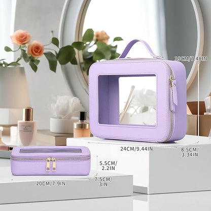 Pinkmik Clear Makeup Bag with Brush Bag 2pcs Waterproof Travel Case for Cosmetics and Toiletries Women's Cosmetic Organizer with Zipper (X/Purple, L+SLIM)