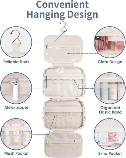 Narwey Hanging Floral Toiletry Bag for Women Travel Makeup Bag Organizer Toiletries Bag for Travel Size Essentials Accessories Cosmetics (Little Blue Flower (Medium))