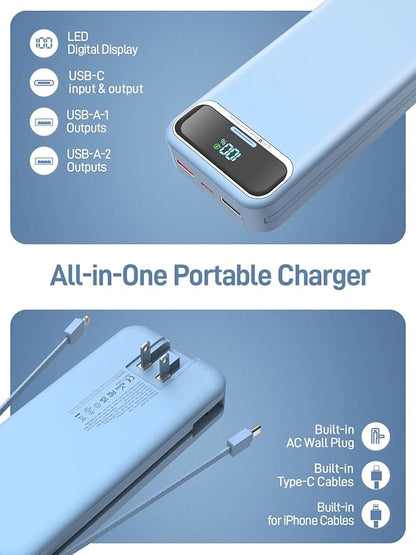 Portable Charger Power Bank with Built in Cables and AC Wall Plug,PD20W&SCP22.5W USB-C Super Fast Charging,20000mAh Travel Phone Charging,LED Display Battery Pack Compatible All iPhone Samsung etc