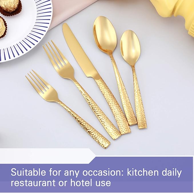 Silverware Set Flatware Set Gold Hammered Handle Cutlery Set Stainless Steel Shiny Mirror Polished Brass 20 Pieces Dishwasher Safe Service for 4