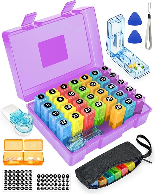 Monthly Pill Organizer 2 Times a Day, FRIWOLE Medicine Box with Portable Weekly Pill Bag, Keychain Pill Case, Pill Cutter and 2 Sticker (Purple, 2 Times a Day)