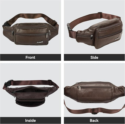 Genuine Leather Fanny Pack For Men and Women Multiple Pockets Waist Bag with Adjustable Strap for Travel Casual Sports Hiking Cycling Fishing Running Brown Belt Bag