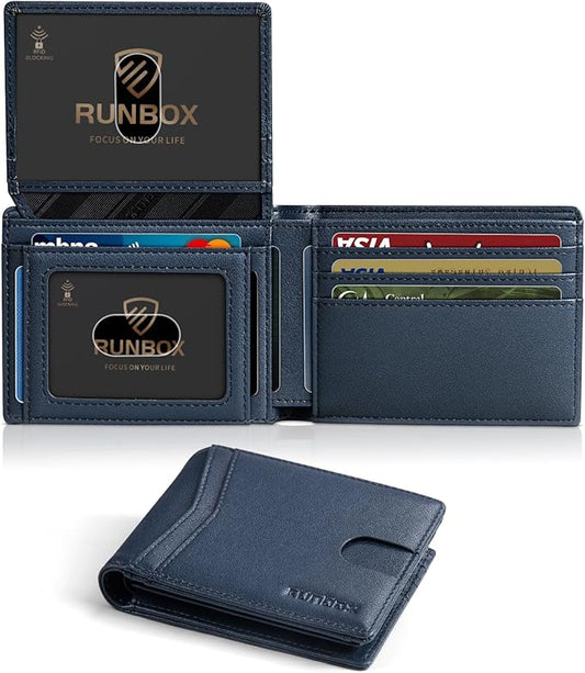 RUNBOX Wallet for Men Slim Rfid Leather 2 ID Window With Gift Box