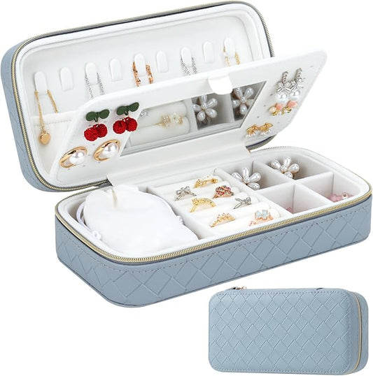 DesignSter Jewelry Organizer, Small Portable Travel Jewelry Storage for Women, Woven Embossed PU Jewelry Case with Mirror for Ring Earring Necklace Bracelet