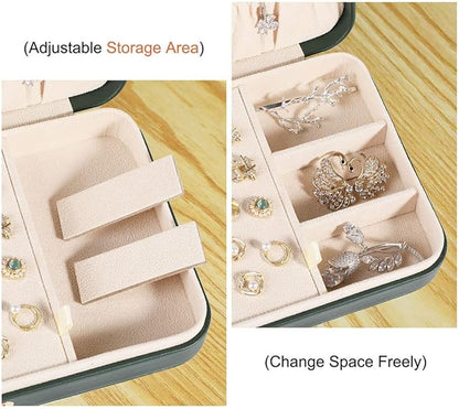 LANDICI Small Jewelry Box for Women Girls, PU Leather Travel Jewelry Organizer Case, Jewellery Storage Holder Display for Ring Earrings Necklace Bracelet Bangle Watch Men Kids Gift, Blackish Green