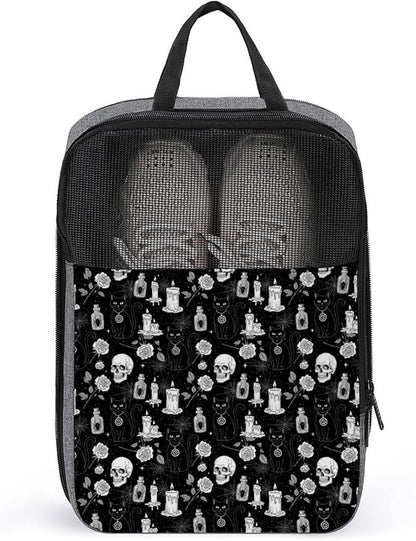 Travel Shoe Bags for Storage and Packing Portable Sneaker Bags Black Cat Skull Goth Lightweight Sport Shoe Pouch Bag