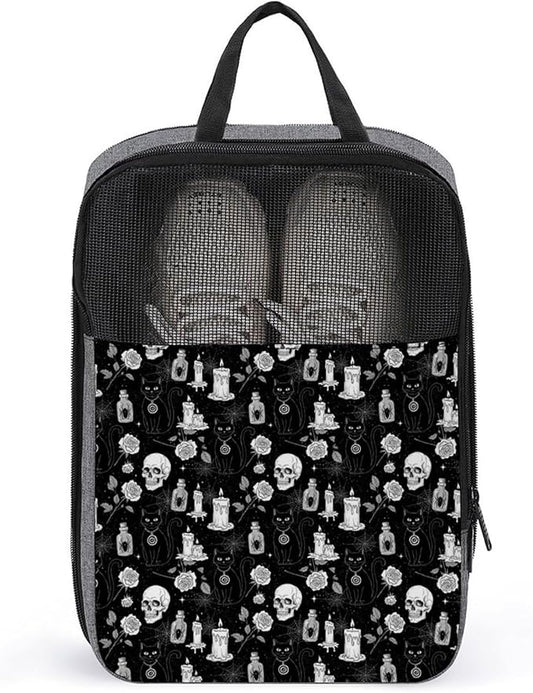 Travel Shoe Bags for Storage and Packing Portable Sneaker Bags Black Cat Skull Goth Lightweight Sport Shoe Pouch Bag