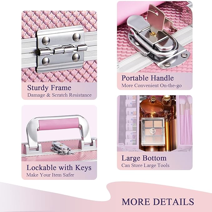 Frenessa Makeup Case Makeup Box Cosmetic Organizer Case Portable Make Up Artist Travel Case Storage Box 4 Trays with Dividers Lockable Hard Train Case Nail Tech Supply Storage Mermaid Pink