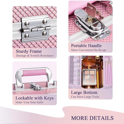 Frenessa Makeup Case Makeup Box Cosmetic Organizer Case Portable Make Up Artist Travel Case Storage Box 4 Trays with Dividers Lockable Hard Train Case Nail Tech Supply Storage Mermaid Pink