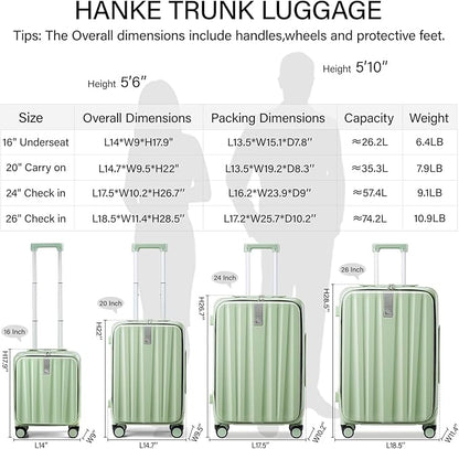 Hanke 16 Inch Underseat Carry On Luggage with Wheels,Small Hard Shell Suitcases for Weekender,Top Opening Lightweight Travel Luggage Suitcase for Womem Men,Bamboo Green.
