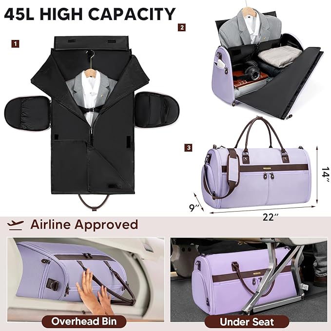 Carry On Garment Bags for Travel, Convertible Garment Duffle Bag for Men Women, 2 in 1 Suit Bag Travel Duffel Bag with Shoes Compartment & Detachable Shoulder Strap