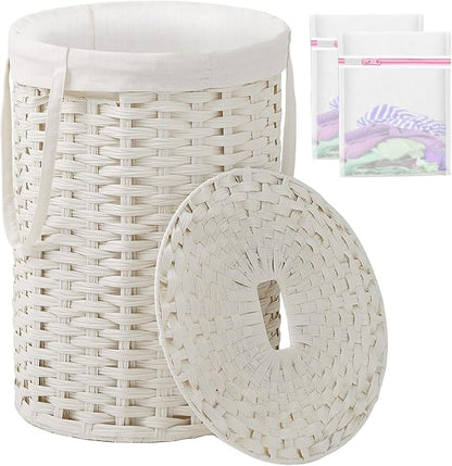 Laundry Hamper with Lid Laundry Basket with Lid 19.0 Gal (72 L) Round Wicker Laundry Basket Handwoven Rattan Basket with Lid Removable Bag 2 Mesh Bags Handles for Living Room Bathroom White