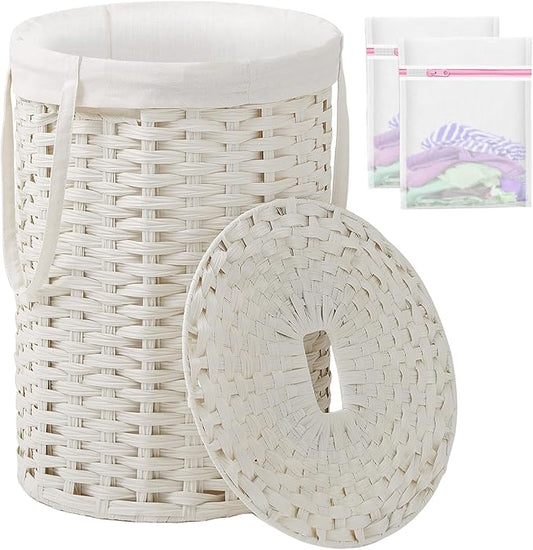 Laundry Hamper with Lid Laundry Basket with Lid 19.0 Gal (72 L) Round Wicker Laundry Basket Handwoven Rattan Basket with Lid Removable Bag 2 Mesh Bags Handles for Living Room Bathroom White