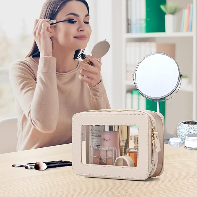 Pinkmik Clear Makeup Bag with Brush Case Travel Toiletry Bag Waterproof Cosmetic Organizer Car Essentials for Women (Beige, M+SLIM-1)