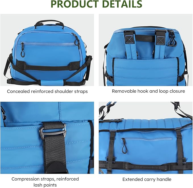 Vomgomfom 86L Collapsible Wheeled Luggage With Removable Backpack Straps,Waterproof Rolling Duffle Bag with Quilted Base,No Telescope Handle,Blue