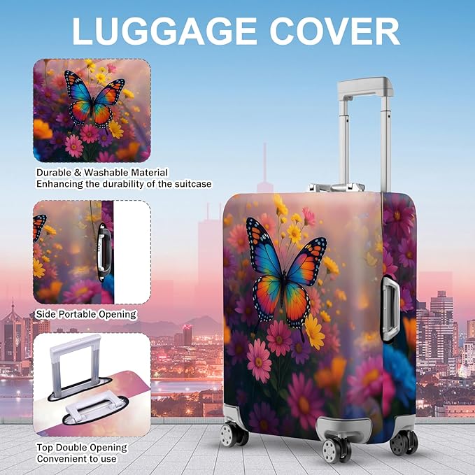 ANNA QUEEN Vibrant Butterfly Luggage Cover, Colorful Floral Design with Rainbow Butterfly, Stretchable, Washable Travel Sleeve for 20-34 Inch Luggage