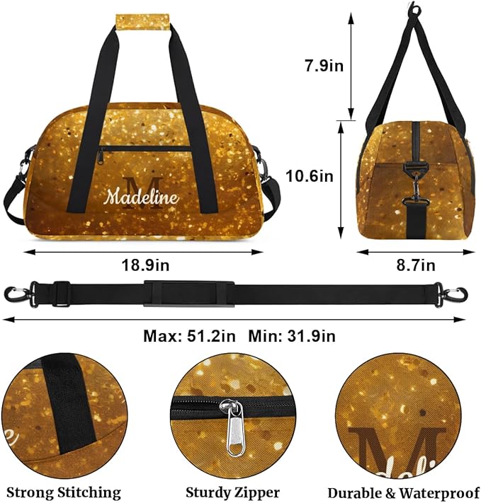 Personalized Kids Sports Duffel Bag with Name Custom Weekender Overnight Bag for Boys Girls Gym Bag Travel Dance Gymnastics Duffel Bag, Golden Glitter Gold Shiny