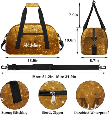 Personalized Kids Sports Duffel Bag with Name Custom Weekender Overnight Bag for Boys Girls Gym Bag Travel Dance Gymnastics Duffel Bag, Golden Glitter Gold Shiny