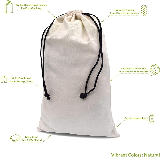 ZENPAC Cowboy Boot Bag, Beige Duster Flannel Pouch with Drawstring Closure, Washable Breathable Cotton Fabric for Shoes, Luggage, 12.5x20.5 2 Pack