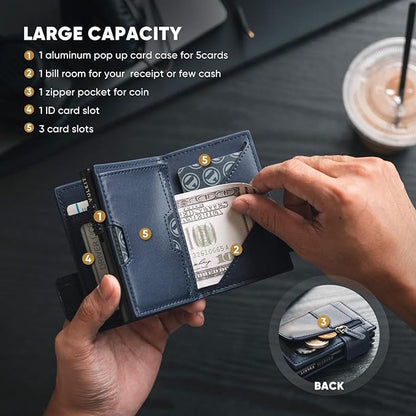 VULKIT Card Holder Bifold Pop Up Leather Wallet for Men RFID Blocking Metal Card Case, Holds 9 Cards and Banknotes Navy
