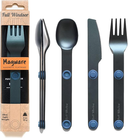 FULL WINDSOR - MAGWARE Magnetic Camping Cutlery Set - Travel Utensils for Camping, Cooking, and Outdoor Dining - Knife, Fork & Spoon - Portable Silverware with Pouch - Blue (3 PCS)