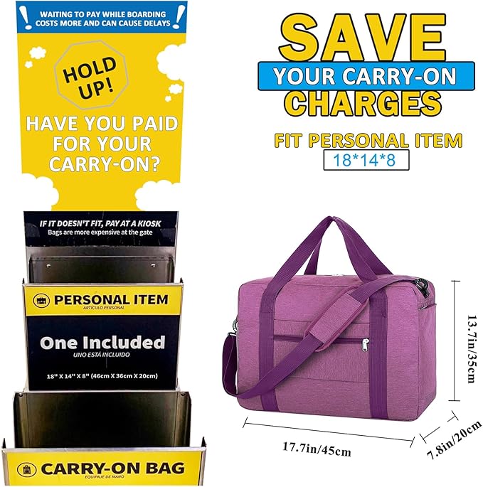 For Spirit Airlines Personal Item Bag 18x14x8 with Wet Pocket Foldable Travel Duffel Bag Underseat Carry on for Men & Women