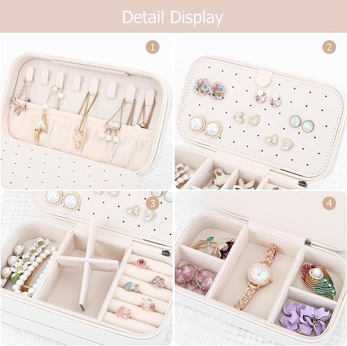 DesignSter Small Travel Jewelry Box with Double Zipper, 2 Layers PU Portable Jewelry Case for Women and Girls,Travel Jewelry Organizer for Rings, Earrings, Necklaces, Bracelets,Beige