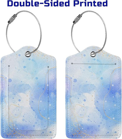 Light Blue Luggage Tags for Suitcases, 2 Pieces PU Leather Bag Tags with Full Back Privacy Cover Name ID Card Stainless Steel Loop, Blue and Gold Marble Baggage Tags for Women Girls Men Boys Travel