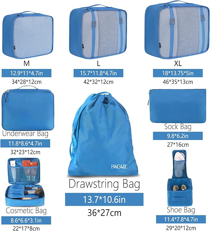 BAGAIL 8 Set Packing Cubes Luggage Packing Organizers for Travel Accessories-Light Blue
