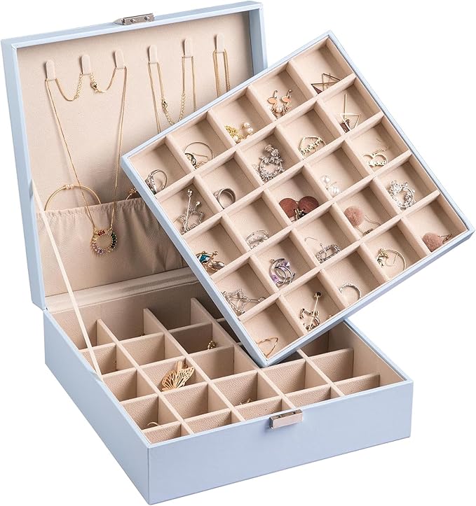 Frebeauty Earring Organizer Classic Jewelry Box 50 Slots Double Layer Jewelry Storage Case with 6 Necklace Hook and Bracelet Pocket(Sky Blue)