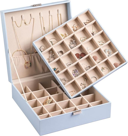 Frebeauty Earring Organizer Classic Jewelry Box 50 Slots Double Layer Jewelry Storage Case with 6 Necklace Hook and Bracelet Pocket(Sky Blue)