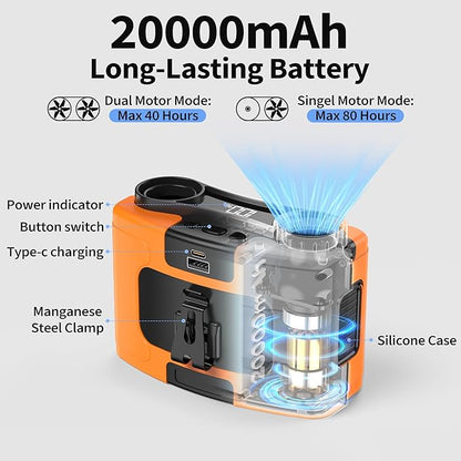 20000mAh Portable Waist Fan, Personal Fan Clip on with Rechargeable Battery operated, 40H Cooling,10 Speeds,16000RPM Hands-Free Belt Neck Fan for Outdoor Jobsite Gardening Camping Travel (Orange)