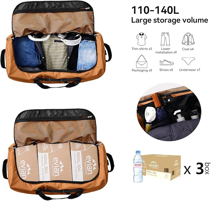 Vomgomfom 32" Soft-Sided Foldable Wheeled Travel Duffel Bag,Expandable 110L to 140L Rolling Cargo Bag with 2 Wheels and Multiple Pockets,Brown