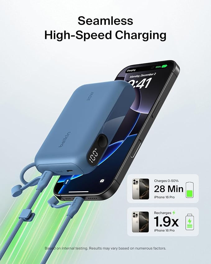 Belkin Portable Charger, Slim USB-C Power Bank 10,000mAh w/ 2 USB-C Ports, Digital Battery Display, 20W Charging Battery Pack - iPhone 17, Air, Pro, Samsung Galaxy S25, Pixel 10, iPad, & More - Blue