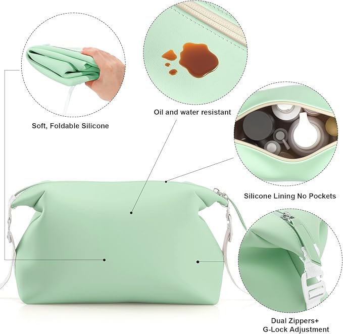 Vomgomfom 3L 6.5 Inch Silicone Toiletry Bag, Waterproof Leakproof Travel Cosmetic Organizer, Adjustable G-Buckle Compression Dopp Kit, Foldable Makeup Bag for Women & Men, Green