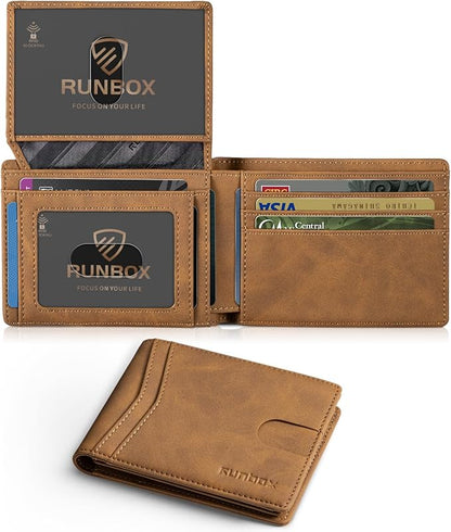 RUNBOX Wallet for Men Slim Rfid Leather 2 ID Window With Gift Box