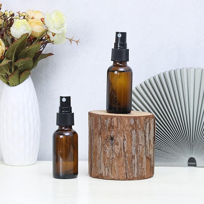 2oz Glass Spray Bottle, Fine Mist Boston Glass Bottles with Black Fine Mist Sprayer Small Clear Bottles for Essential Oils, Bath, Beauty, Hair & Cleaning, Amber, Pack of 12