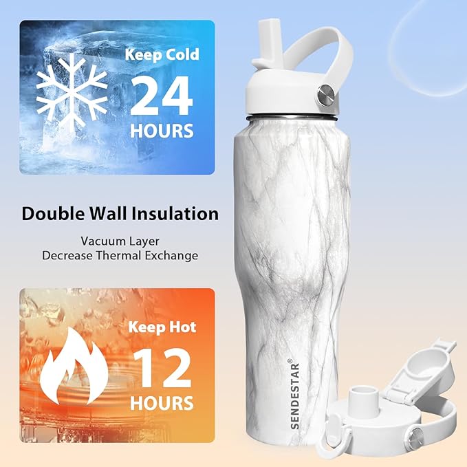 SENDESTAR 40oz Stainless Steel Water Bottle(Cold for 48 Hrs, Hot for 24 Hrs),Double Wall Vacuum Insulated Bottle with Straw Lid, Spout Lid and Flex Cap, Fit in Any Car Cup Holder,Marbling