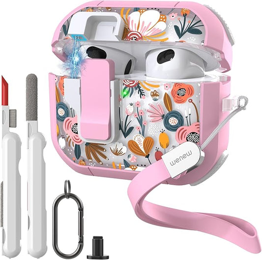WENEW Case for AirPods 3 Case Cover Secure Lock Automatic Snap Switch Clip Cleaner Kit Lanyard Women Stylish Flower Armour Hard Shell Full Body Front LED Visible (Pink Flower, AirPods 3rd)