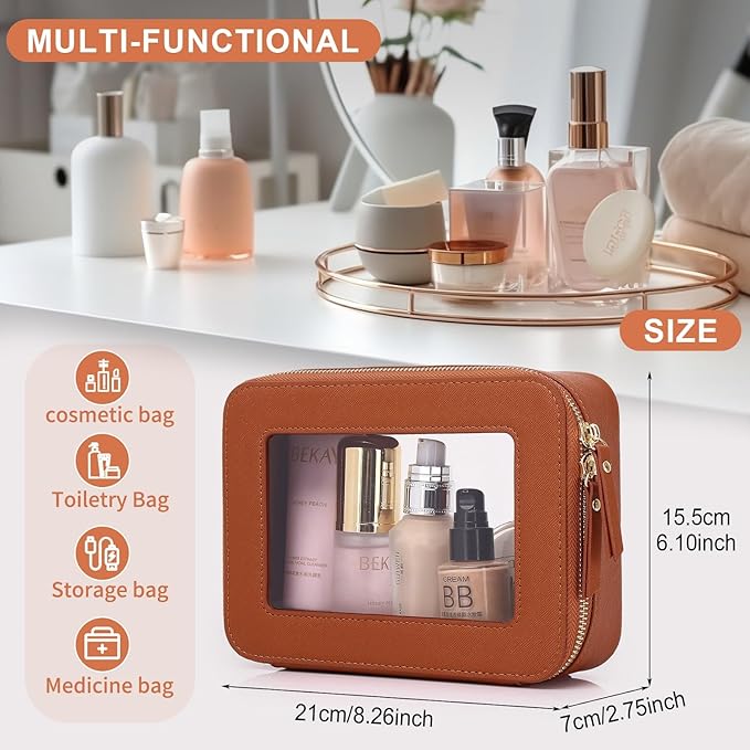 Pinkmik Clear Makeup Bag for Women Waterproof Travel Cosmetics and Toiletries Case Portable Makeup Oaganizer Bag Clear Car Bag with Zipper (X/Brown, M)