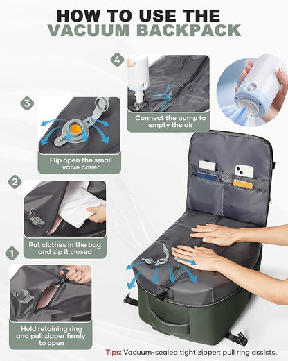 coofay Large Vacuum Backpack Travel with Pump Vacpack Travel Backpack with Vacuum System Compression Backpacks for Travel Easy Vac Pack Carry on Luggage