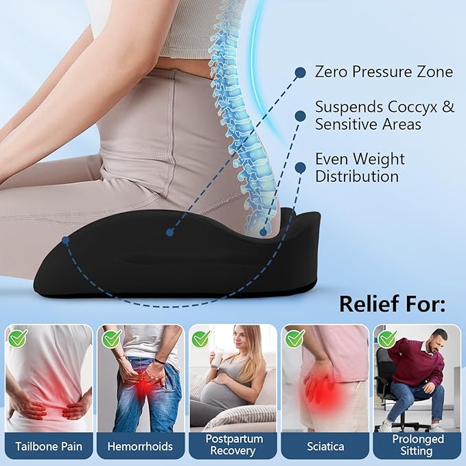 Donut Pillow with Lengthened Center Hole Suspends Tailbone & Sensitive Area, Relieves Pressure for Hemorrhoid and Coccyx Pain, Ergonomic Office & Car Seat Cushion for Prolonged Sitting