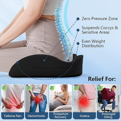 Donut Pillow with Lengthened Center Hole Suspends Tailbone & Sensitive Area, Relieves Pressure for Hemorrhoid and Coccyx Pain, Ergonomic Office & Car Seat Cushion for Prolonged Sitting