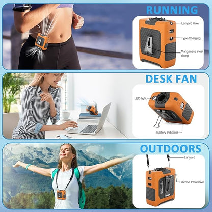Portable Fan Wearable Personal Fan with 5 Speed Max 55 Working Hours Low Noise Portable Neck Fans Cooling Waist Fans for Camping Traveling LED Light Power Display 10000mAh Power Bank(Orange)