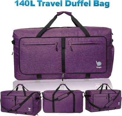 Bago Big XXL Foldable Duffel Bags for Traveling Women & Men - 140L Packable Duffle Bag for Travel with Shoe Compartment - Water Repellant, Heavy Duty, Lightweight Folding & Collapsible (SnowDepPurple)